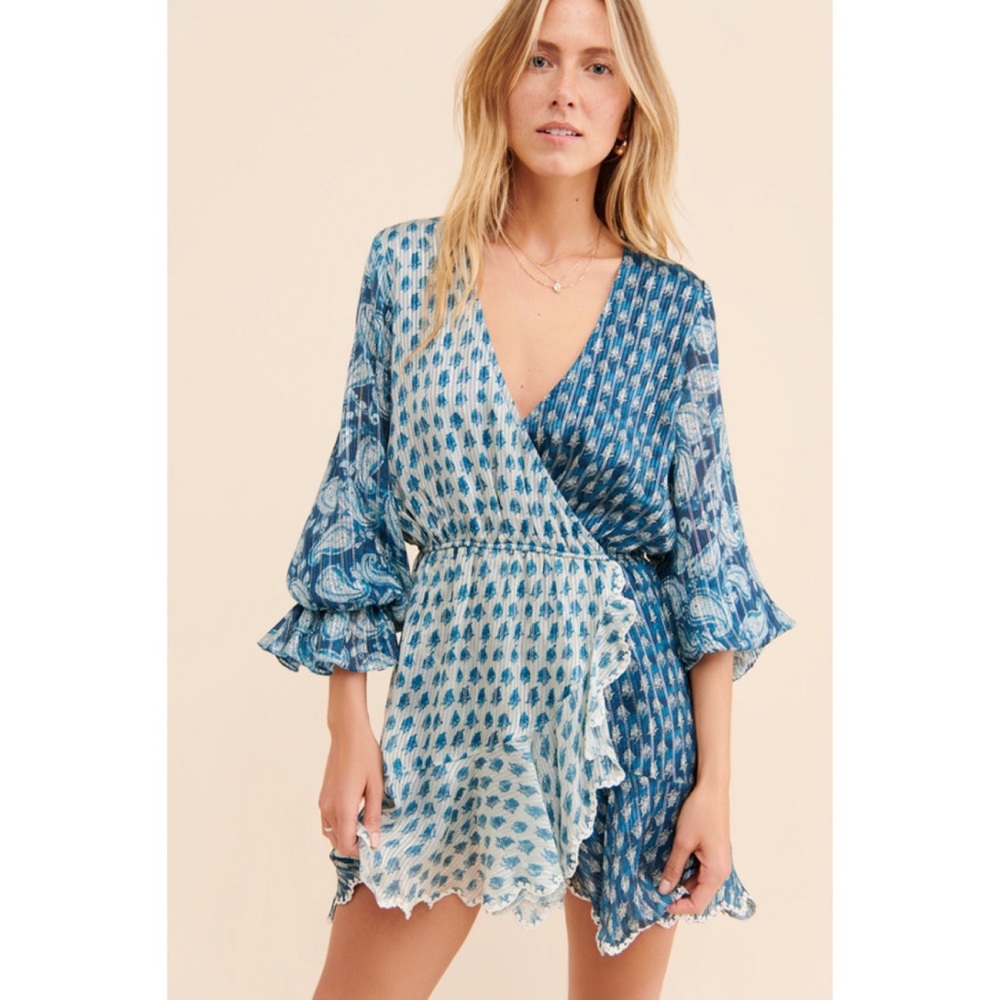 HEMANT & NANDITA Blue Patterned Wrap Mini Dress